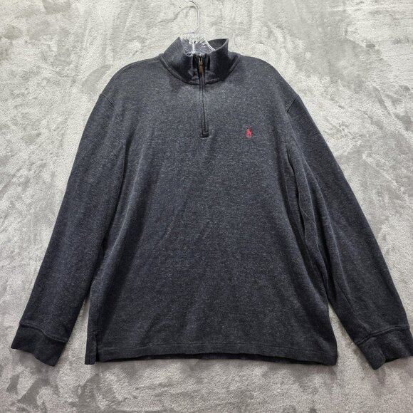 Polo Ralph Lauren Sweater Mens XL Gray Estate Rib Quarter Zip Pullover Red Pony - Picture 1 of 8